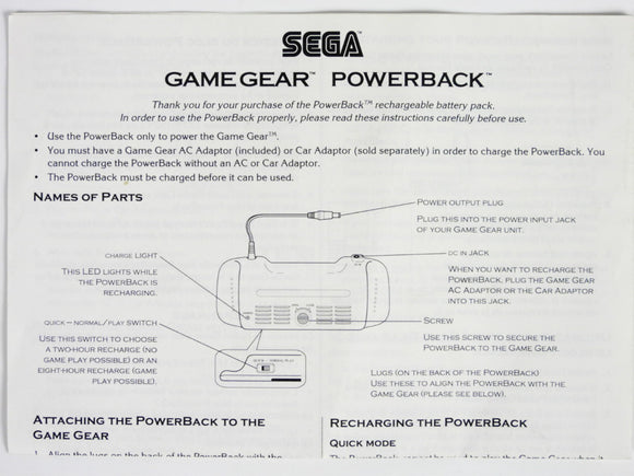 Sega Game Gear Powerback Instructions [Manual] (Sega Game Gear)