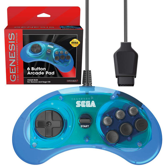 Clear Blue 6 Button Arcade Pad Controller [Retro-Bit] (Sega Genesis)