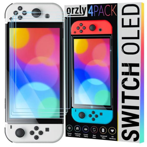 4 Pack Nintendo Switch OLED Premium Tempered Glass Screen Protector [Orzly] (Nintendo Switch)