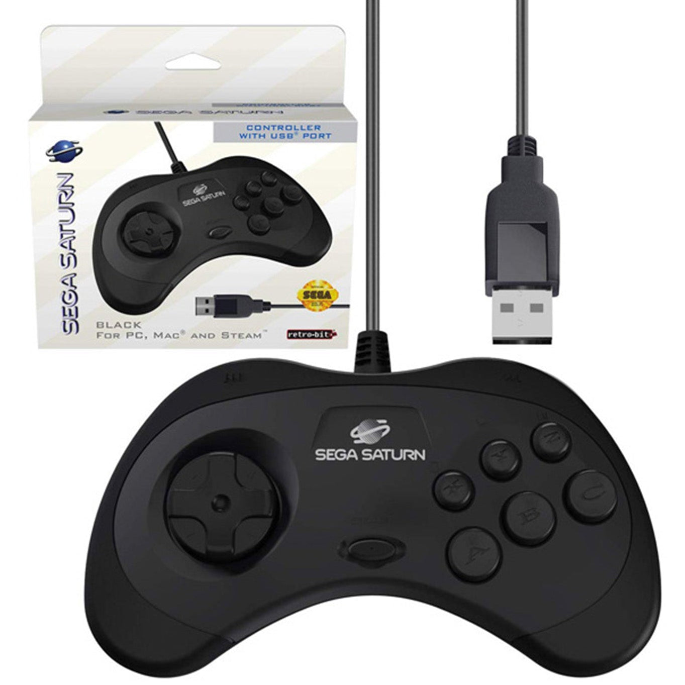 Black USB Wired Arcade Pad Controller [Retro-Bit] (Sega Saturn)